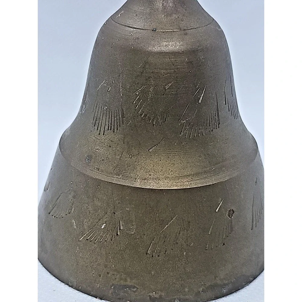Vintage Brass Wood Bells Set of 2 Etched Decorative Rustic Bells